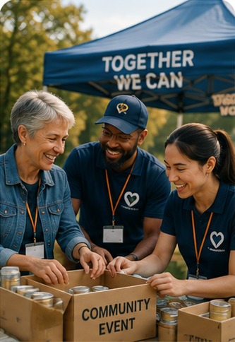 Community volunteers packing boxes at an outdoor event