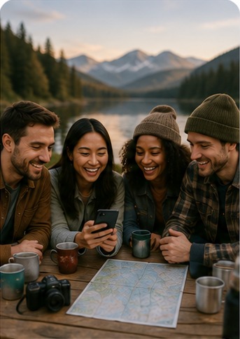 A group of friends planning a trip around a table by a lake