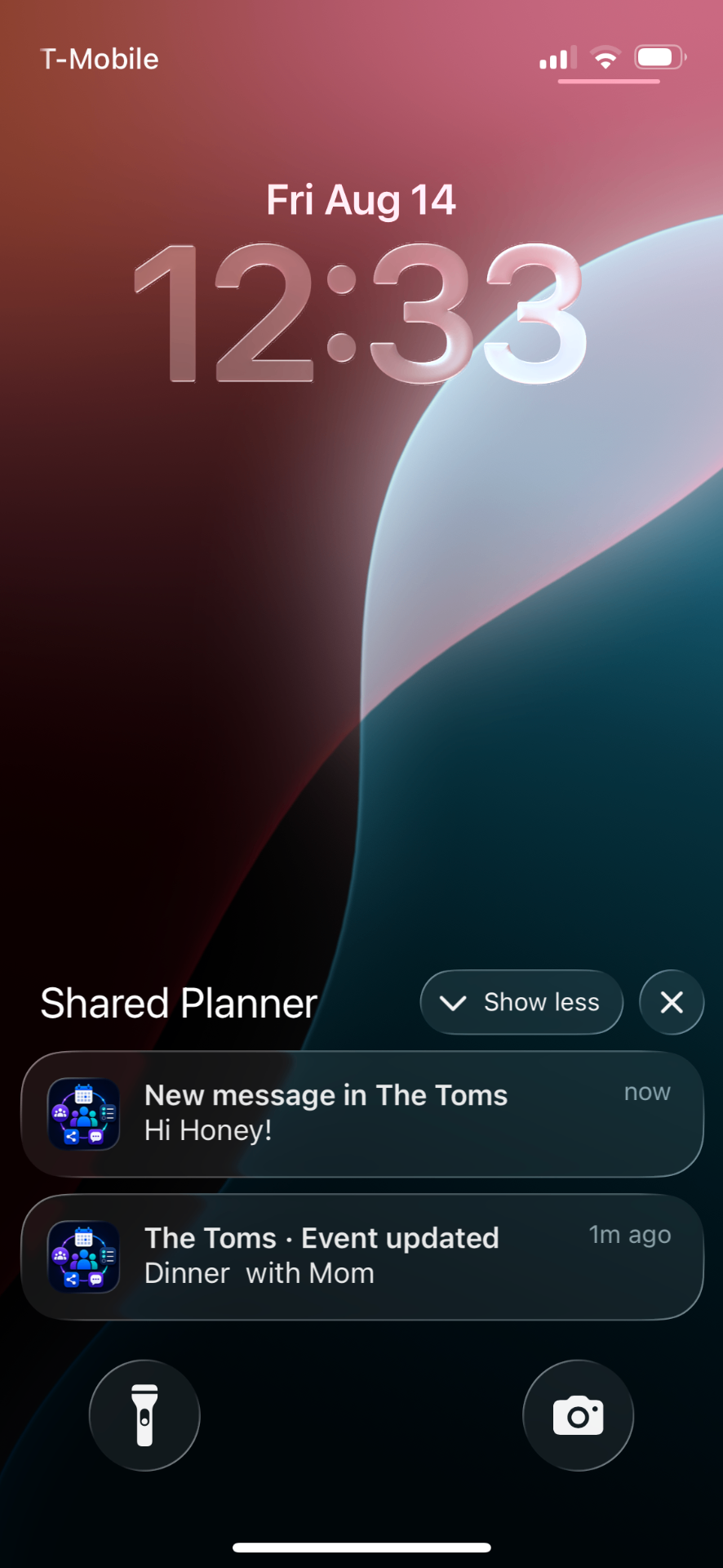 Phone lock screen showing Shared Planner notifications