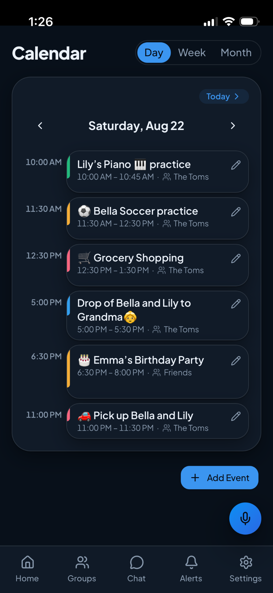 Shared Planner calendar showing a day view with color-coded events