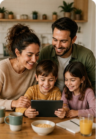 A family looking at a tablet together at the kitchen table