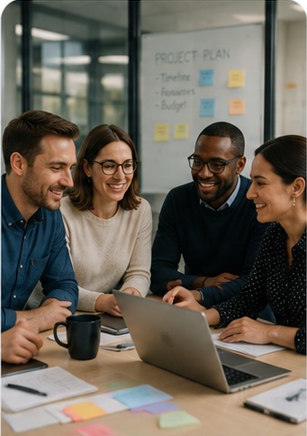 Adult team members collaborating around a laptop in an office